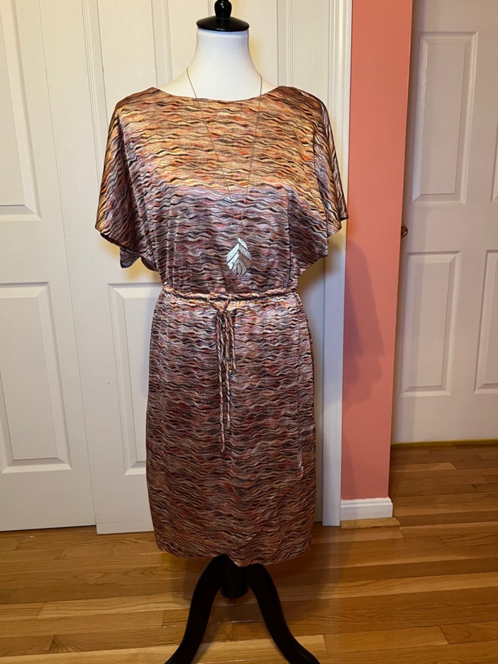 London Times Multicolor Geometric Knit Tie Waist Knee Length Dress 10 Polyester